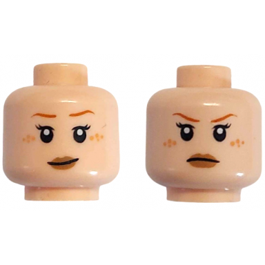 light nougat minifigure head dual sided female with thin dark orange eyebrows medium nougat freckles dark nougat lips smile frown pattern