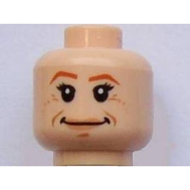 light nougat minifigure head female with dark orange eyebrows nougat lips medium nougat chin dimple and crows feet and closed mouth smile pattern