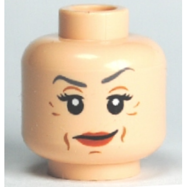 light nougat minifigure head female dark bluish gray thin eyebrows left raised black eyelashes dark orange lips medium nougat jowl lines chin dimple and wrinkles smirk pattern