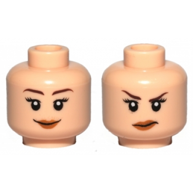 light nougat minifigure head dual sided female reddish brown thin eyebrows black eyelashes medium nougat lips grin annoyed pattern