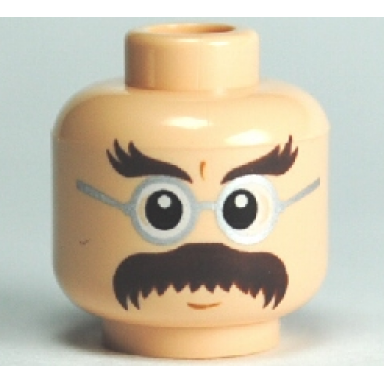 light nougat minifigure head dark brown bushy eyebrows and moustache large eyes round glasses with silver frames medium nougat chin dimple neutral pattern