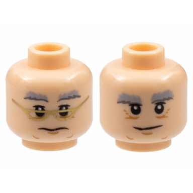 light nougat minifigure head dual sided light bluish gray and dark bluish gray bushy eyebrows upper eyelids medium nougat chin dimple and wrinkles wavy neutral mouth and glasses with gold frames grin pattern