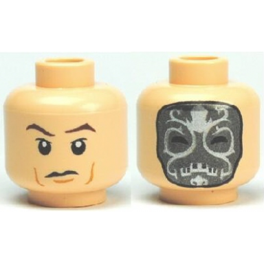 light nougat minifigure head dual sided dark brown eyebrows upper eyelids medium nougat jowl lines and chin dimple frown dark silver death eater mask with silver markings pattern