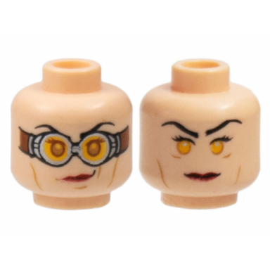 light nougat minifigure head dual sided female black long eyebrows eyelashes medium nougat cheek lines red lips smirk chin dimple and silver goggles with reddish brown strap neutral and bright light orange eyes pattern
