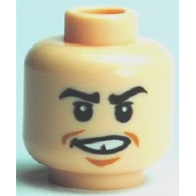 light nougat minifigure head black eyebrows upper eyelids medium nougat soul patch and dimples open mouth smile with teeth and gap pattern