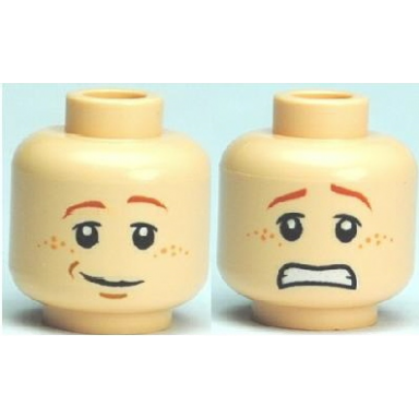 light nougat minifigure head dual sided dark orange eyebrows upper eyelids nougat freckles lopsided grin and medium nougat chin dimple scared open mouth with teeth pattern
