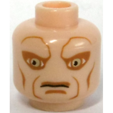 light nougat minifigure head alien sw iktotchi with large sand green eyes medium nougat eye shadow cheek lines jowl lines upper lip and chin dimple stern pattern