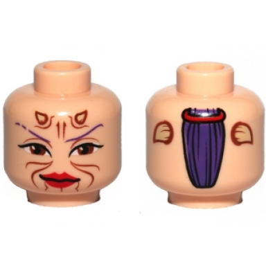 light nougat minifigure head alien with dark purple thin eyebrows large reddish brown eyes horns and markings red lips grin ponytail on back pattern