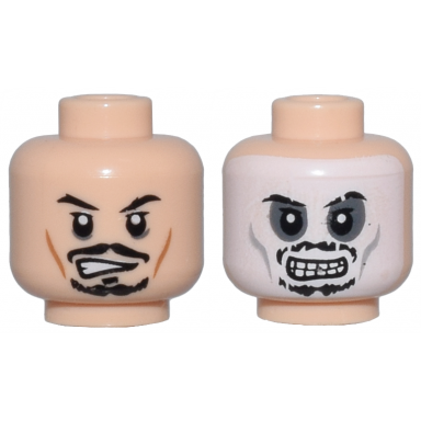 light nougat minifigure head dual sided black eyebrows moustache soul patch and goatee upper eyelids dark bluish gray eye shadow cheek lines lopsided open mouth scowl white face and smile with teeth pattern