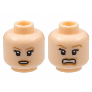 light nougat minifigure head dual sided female potc elizabeth light brown eyebrows and dimple smile scared pattern