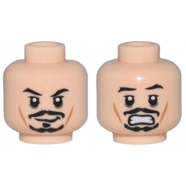 light nougat minifigure head dual sided potc jack sparrow black moustache and goatee cheek lines smile scared pattern