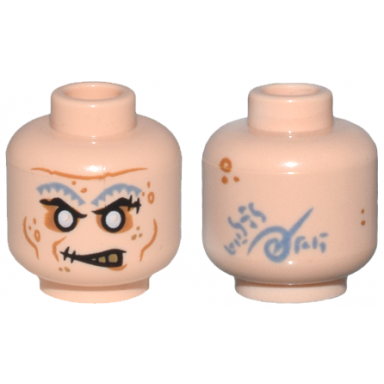 light nougat minifigure head alien potc zombie with silver eyes medium nougat eye shadow spots cheek lines sand blue tattoos and snarl pattern