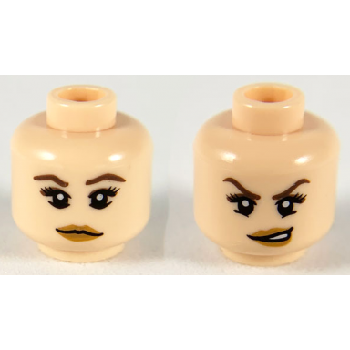 light nougat minifigure head dual sided female dark brown eyebrows and eye shadow black eyelashes lower eyelids medium nougat lips neutral lopsided open mouth scowl with teeth pattern
