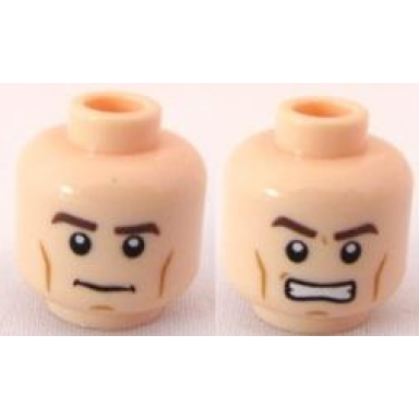 light nougat minifigure head dual sided potc philip dark brown thick eyebrows medium nougat cheek lines neutral angry bared teeth pattern