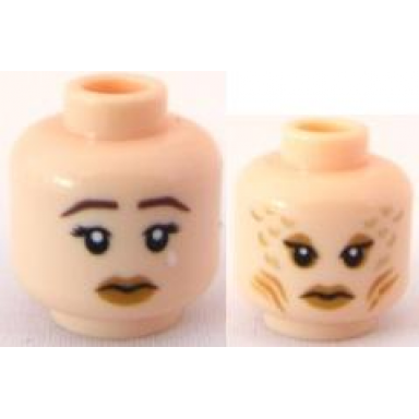 light nougat minifigure head dual sided female black eyelashes medium nougat lips sad with dark brown eyebrows and white tear stern with eye shadow gills and gold scales pattern