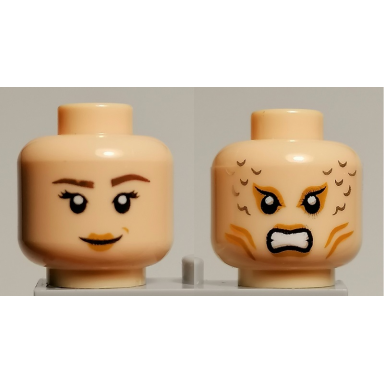 light nougat minifigure head dual sided female mermaid with dark brown eyebrows and dimple bared teeth and gills pattern