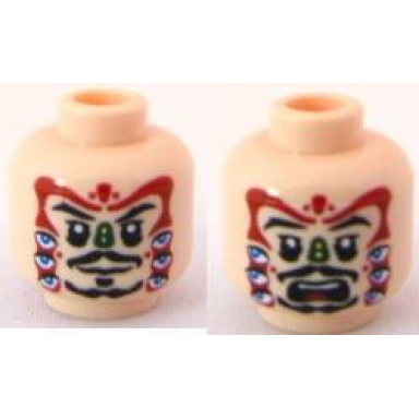 light nougat minifigure head dual sided black eyebrows trimmed moustache soul patch and goatee upper eyelids dark red face paint with blue eyes dark green nose grin scared open mouth with top teeth and tongue pattern