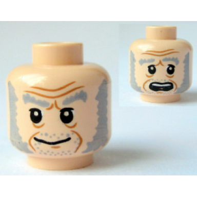 light nougat minifigure head dual sided light bluish gray bushy eyebrows mutton chops and stubble upper eyelids medium nougat jowl lines chin dimple and wrinkles furrowed brow grin scared open mouth with top teeth pattern