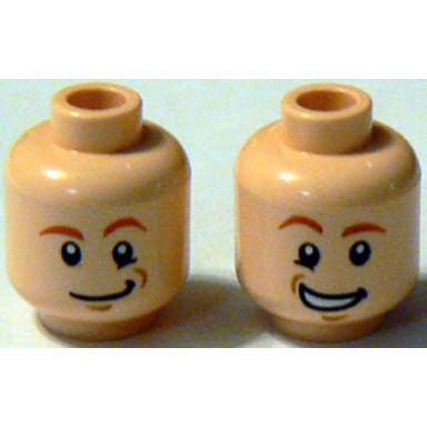light nougat minifigure head dual sided dark orange eyebrows lower eyelid medium nougat chin dimple lopsided grin open mouth smile with teeth pattern