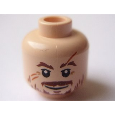 light nougat minifigure head reddish brown bushy eyebrows moustache soul patch goatee and beard hairs upper eyelids dark orange scars grin pattern