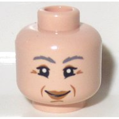 light nougat minifigure head female dark bluish gray eyebrows black single eyelashes lower eyelids nougat eye shadow and lips medium nougat jowl lines chin dimple and wrinkles grin pattern