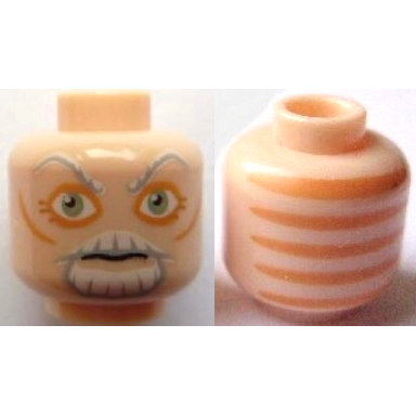 light nougat minifigure head alien sw cerean with light bluish gray and white eyebrows moustache and goatee large sand green eyes nougat eye shadow and cheek lines neutral skin folds on back pattern