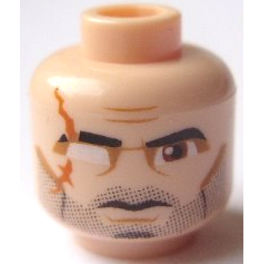 light nougat minifigure head black thick eyebrows and beard stubble large reddish brown eyes dark orange scar nougat eye shadow cheek lines and chin dimple furrowed brow stern pattern