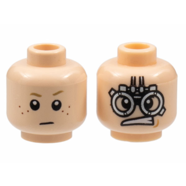 light nougat minifigure head dual sided child dark tan small eyebrows reddish brown freckles and neutral silver mechanical goggles medium nougat dimple and lopsided open mouth scowl with teeth pattern