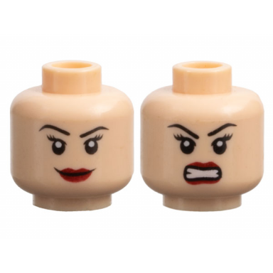 light nougat minifigure head dual sided female black eyebrows eyelashes dark red lips grin angry bared teeth pattern