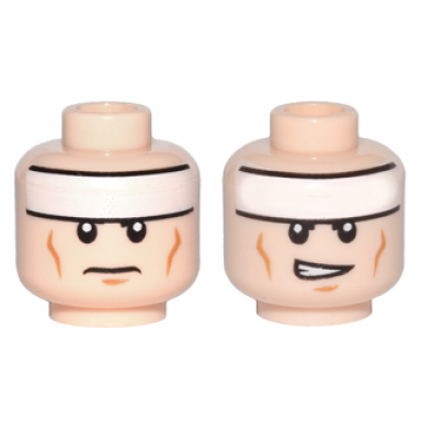 light nougat minifigure head dual sided white headband medium nougat cheek lines and chin dimple frown lopsided open mouth with teeth pattern