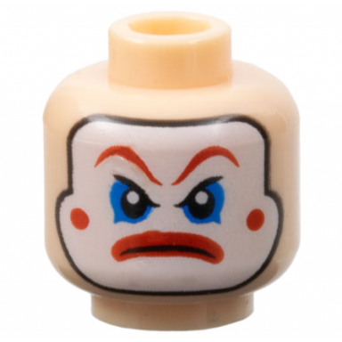 light nougat minifigure head male clown white face paint red eyebrows circles on cheeks and mouth blue eye shadow angry frown pattern