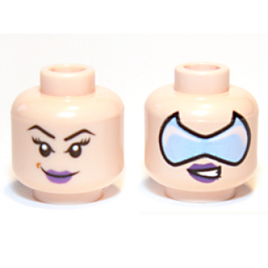 light nougat minifigure head dual sided female dark purple lips black eyebrows eyelashes medium nougat dimple smirk bright light blue visor lopsided open mouth scowl with teeth pattern