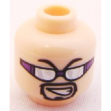 light nougat minifigure head black eyebrows moustache and goatee dark purple sunglasses with silver lenses with white reflections lopsided open mouth scowl with teeth pattern