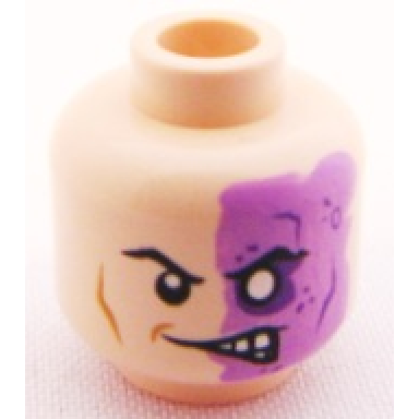 light nougat minifigure head black eyebrows lopsided open mouth scowl with teeth medium nougat cheek line and dimple on right medium lavender skin white eye dark purple eye shadow spots and scar on left pattern