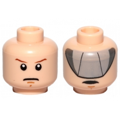 light nougat minifigure head dual sided medium nougat chin dimple stern frown and reddish brown eyebrows open mouth and light bluish gray visor pattern