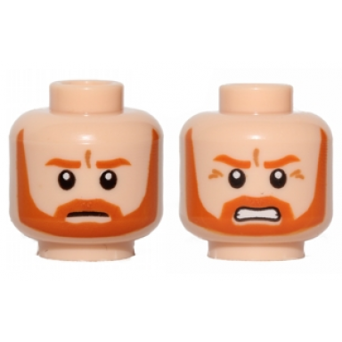 light nougat minifigure head dual sided dark orange eyebrows moustache and full beard medium nougat wrinkles neutral angry bared teeth pattern