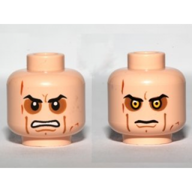 light nougat minifigure head dual sided black angled eyebrows dark orange eye shadow cheek lines chin dimple and scars angry open mouth with teeth yellow eyes and stern pattern