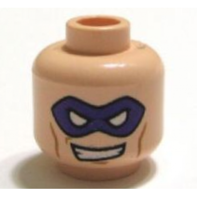 light nougat minifigure head dark purple mask with white eye holes medium nougat cheek lines and chin dimple lopsided open mouth smile with teeth pattern