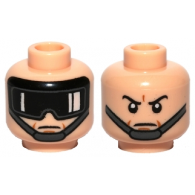 light nougat minifigure head dual sided dark bluish gray chin strap goggles with white reflections neutral black eyebrows and angry frown pattern