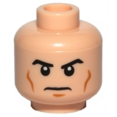 light nougat minifigure head black angled eyebrows medium nougat cheek lines and chin dimple stern pattern