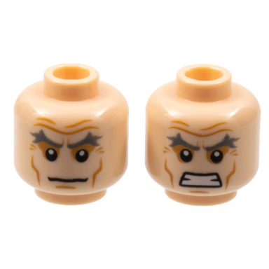 light nougat minifigure head dual sided dark bluish gray bushy eyebrows medium nougat wrinkles and cheek lines neutral bared teeth pattern