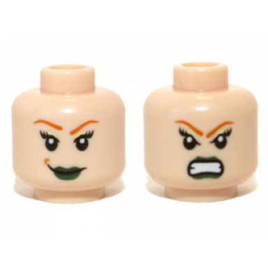 light nougat minifigure head dual sided female green lips and orange eyebrows smile bared teeth pattern