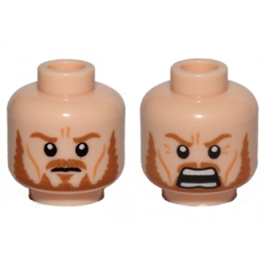 light nougat minifigure head dual sided medium nougat eyebrows moustache and beard nougat cheek lines and wrinkles stern frown angry open mouth with teeth parted pattern