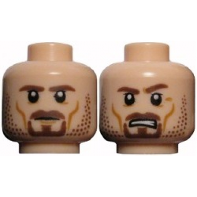 light nougat minifigure head dual sided lotr aragorn brown beard and stubble stern frown with teeth pattern