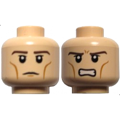 light nougat minifigure head dual sided dark brown eyebrows upper eyelids medium nougat cheek lines neutral with chin dimple angry bared teeth pattern