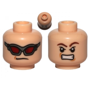 light nougat minifigure head dual sided dark red goggles brown eyebrows determined pattern hawkeye