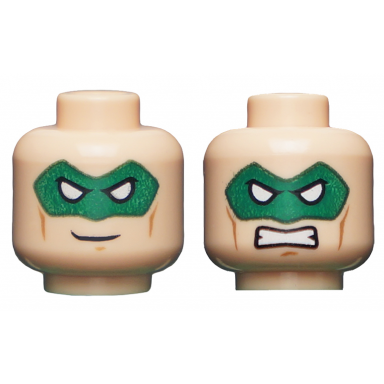 light nougat minifigure head dual sided green eye mask with eye holes smirk bared teeth pattern