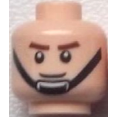light nougat minifigure head reddish brown thick eyebrows black chin strap grin pattern
