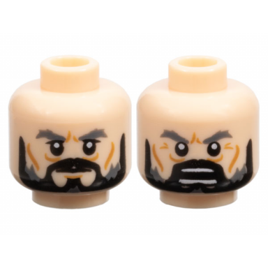 light nougat minifigure head dual sided lotr dark bluish gray eyebrows black beard wrinkles stern open mouth with teeth pattern