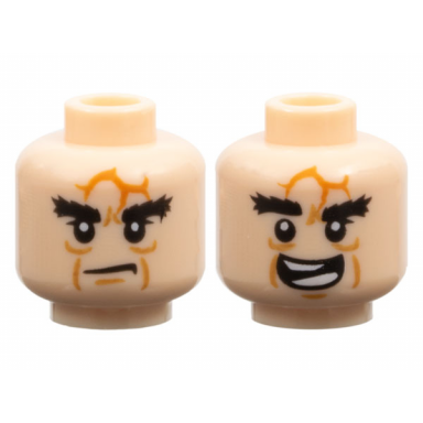 light nougat minifigure head dual sided lotr black bushy eyebrows dark orange scars medium nougat wrinkles stern open mouth smile with teeth parted pattern